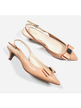 Cole Haan Womans Heels Beige Leather Slingback Kitten Heel Pumps Size 8B